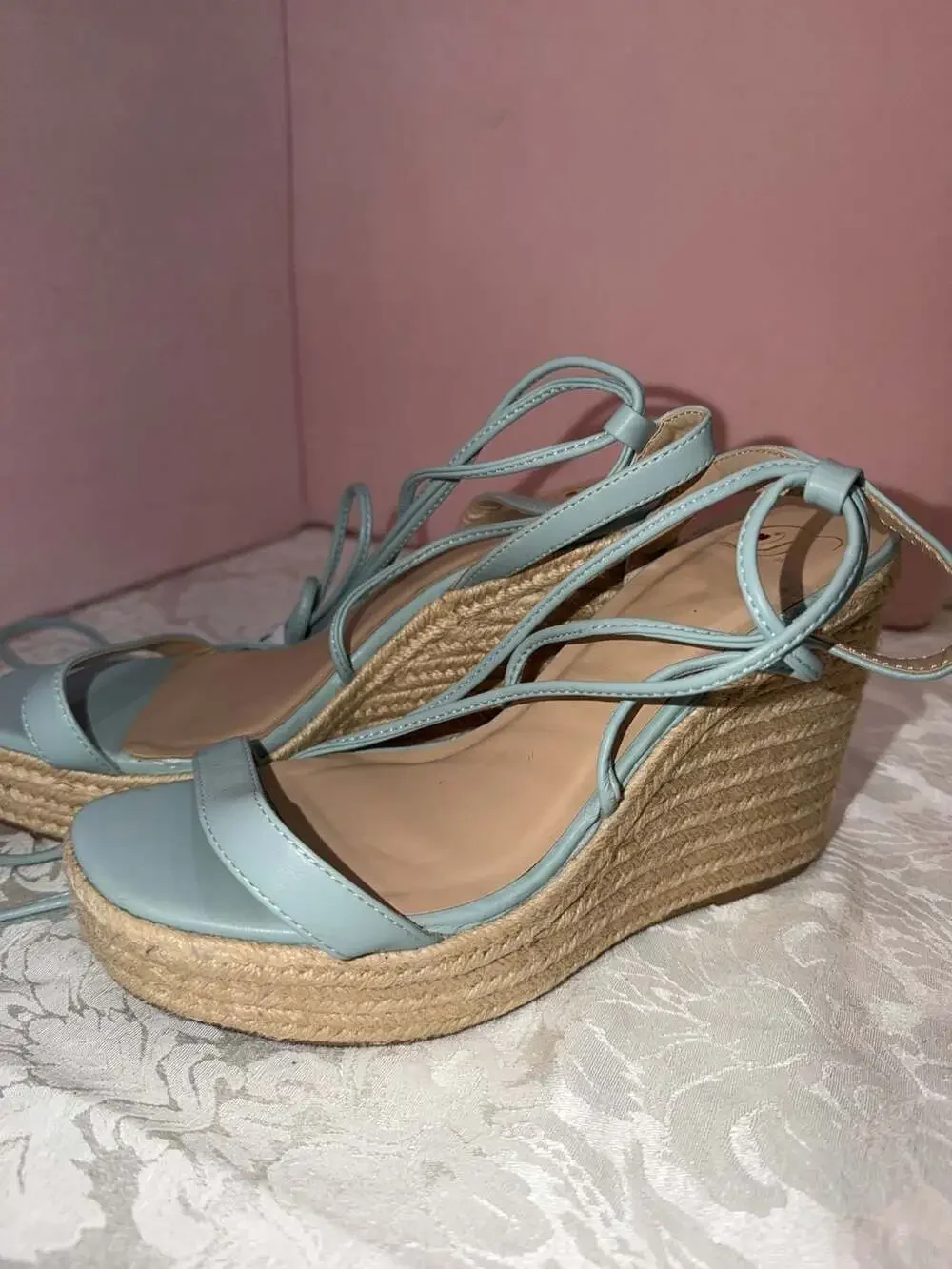 Light Blue Lace-Up Espadrille Platform Wedge Sandals